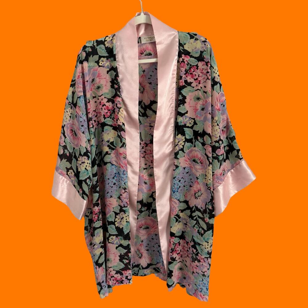90's vintage baby pink satin floral chiffon robe gold label OS victoria's secret